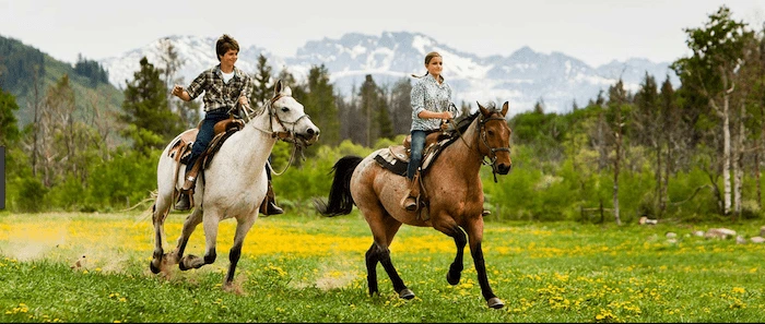 Confident plus-size woman riding Atherstone a horse through a field with a smile on her face.